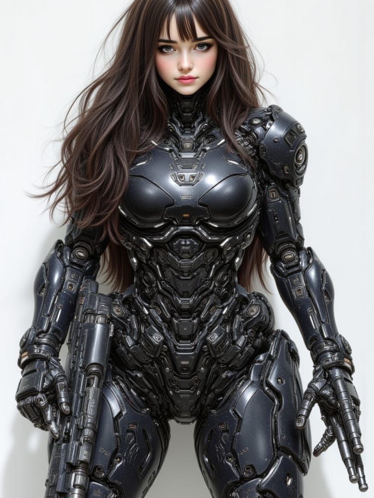 <lora:Tactical Cyber Girls:1.0> 1girl, (black suit, mecha suit, muscular), long hair, biomechanical, complex robot, insane fine details, Ext...