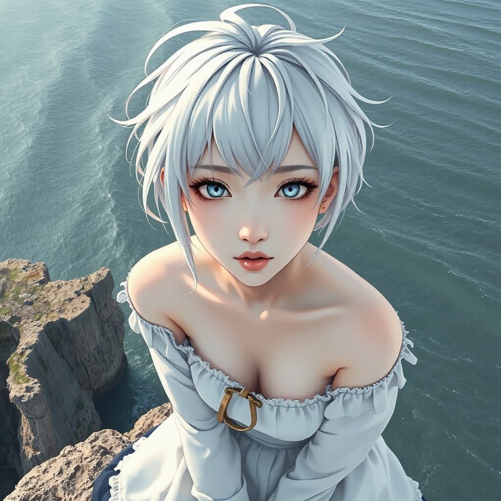 Albino Woman on Cliffs Overlooking Sea, in Anime Style