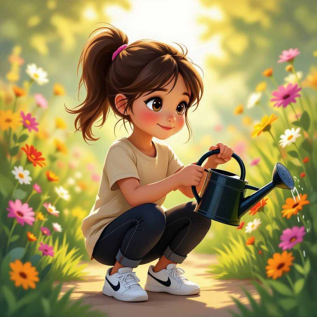 Girl with Watering Can in Colorful Garden