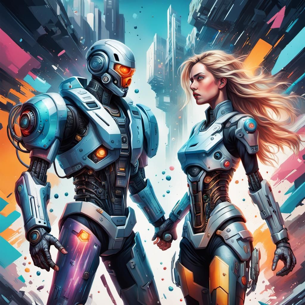 Detailed beautiful woman dressed in cybertronics, fighting a...