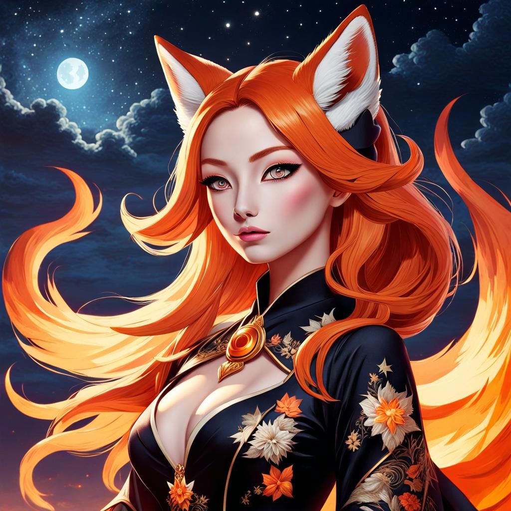 <lora:Dusk3:1.0> <lora:Macabre:1.0> an adorable    kitsune W...