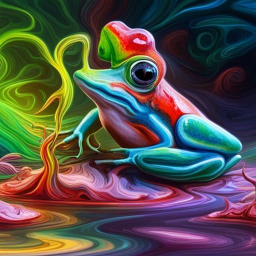 colourful frog on a drug trip, drug addicted frog, big pupil...