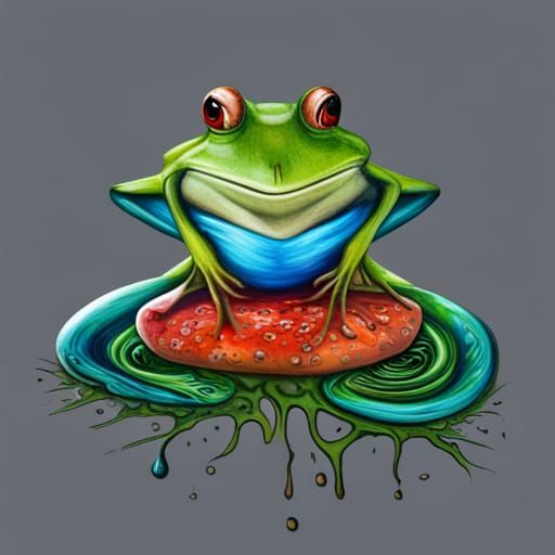 colourful frog on a drug trip, drug addicted frog, big pupil...