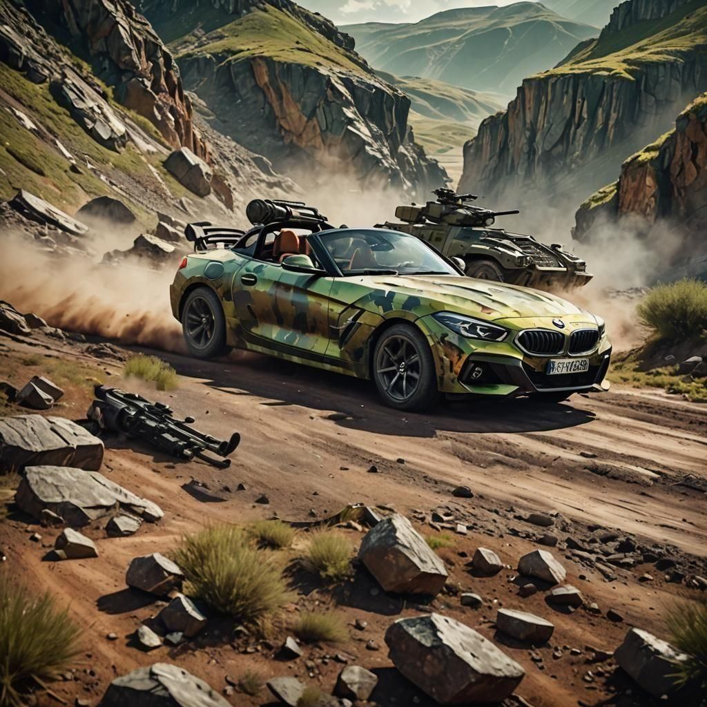 bmw z4 in camo with a machine gun mounted