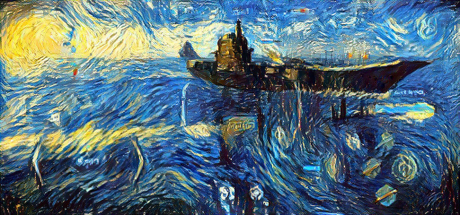 Carrier and submarine in starry night