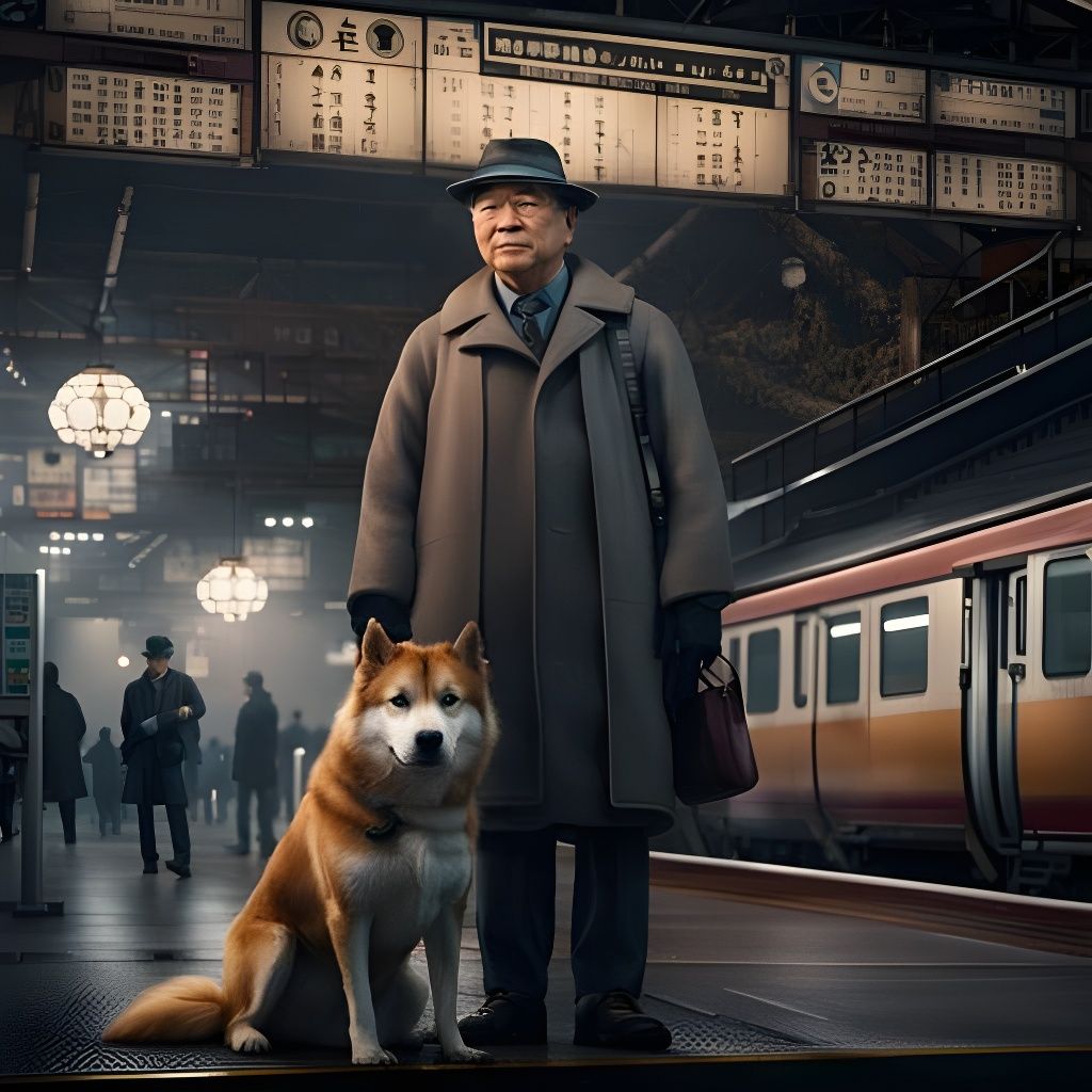 Legendary Hachiko with his Master, Professor Ueno AI Generated