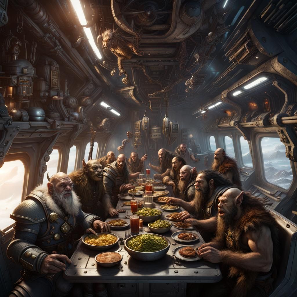 Orcs, elves, werewolves, and dwarves eating on the mess deck of a spaceship  by @Dantonio