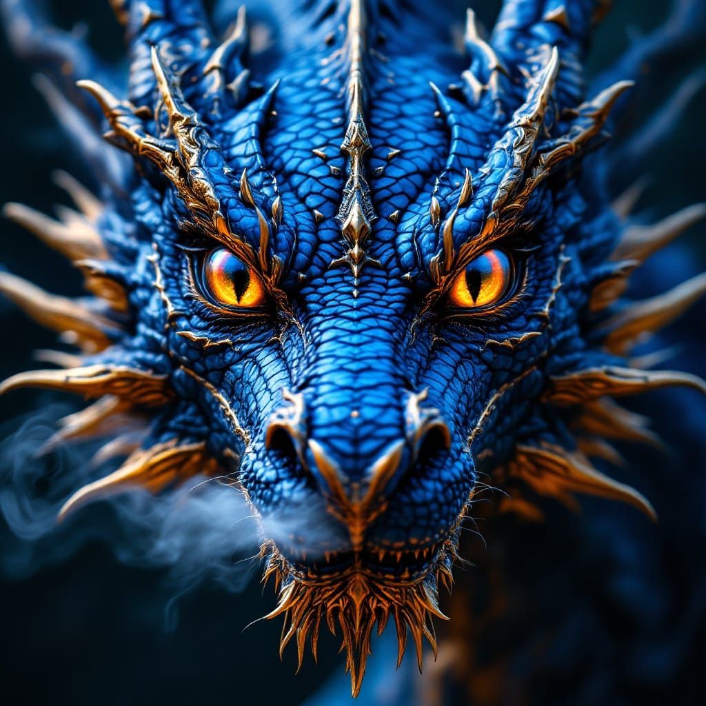 Deep blue scales and fiery eyes