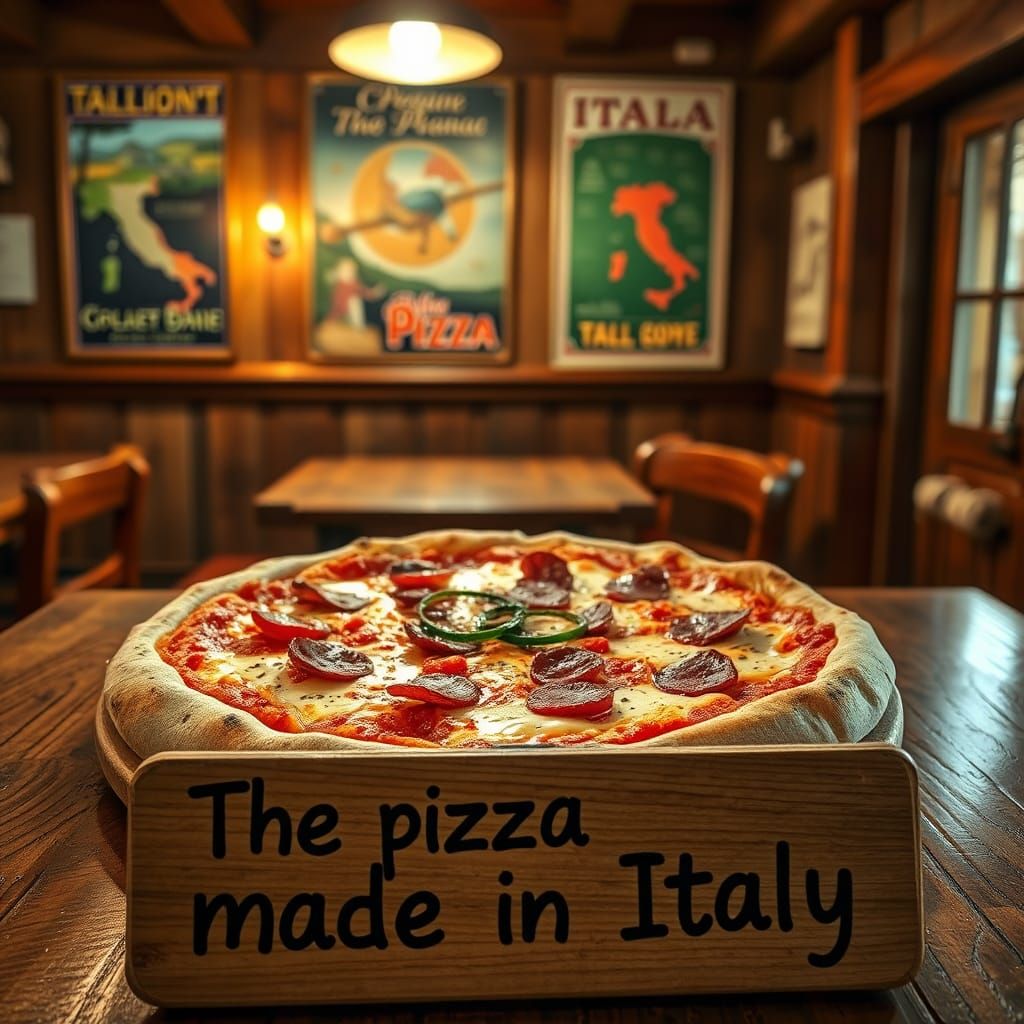 A pizza with IT  in an inn. On image is writing :" The pizza made in Italy"  by @Mauro Vandal