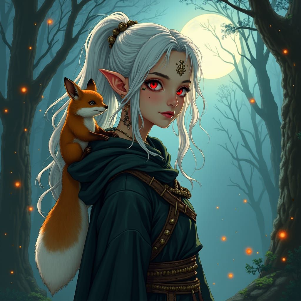 Light skinned female elf, white long hair, serious red eyes,...