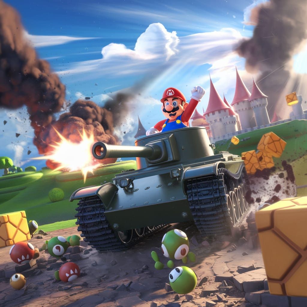 Mario in Tank Leading Goomba Charge