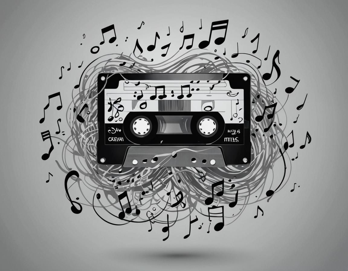 A cassette tape with musical notes flowing out of it, surrounded swirling music strands and musical symbols. The background is a soft grey g...