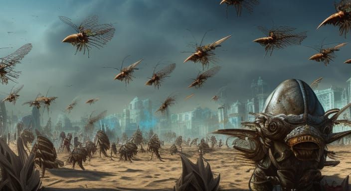 locust swarm descending on modern beach town