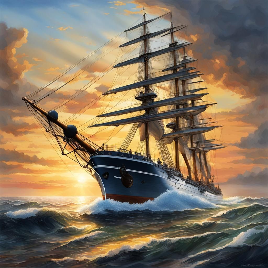 Gorch fock sailing into dawn, majestic atmosphere, coast at ...
