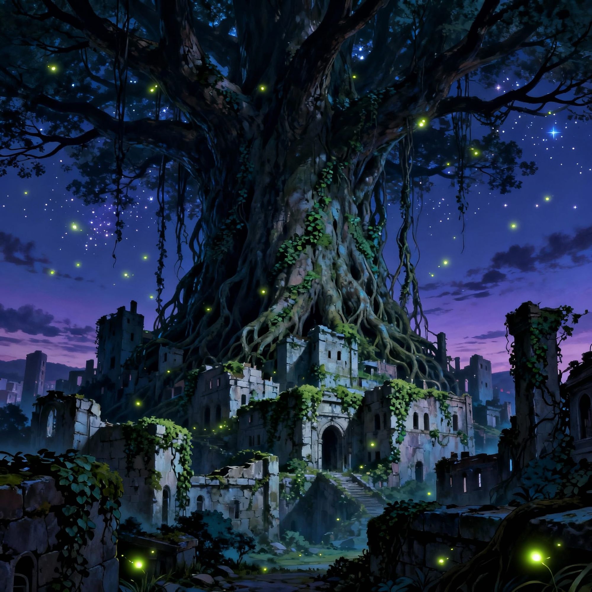 A colossal, ancient tree with roots that have swallowed a forgotten city, its branches reaching towards a twilight sky. Vines and moss cover...