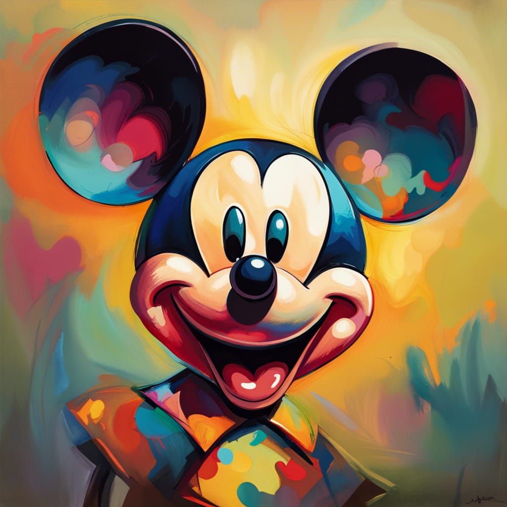 A whimsical portrait of Micky Mouse, rendered in a classic cartoon ...