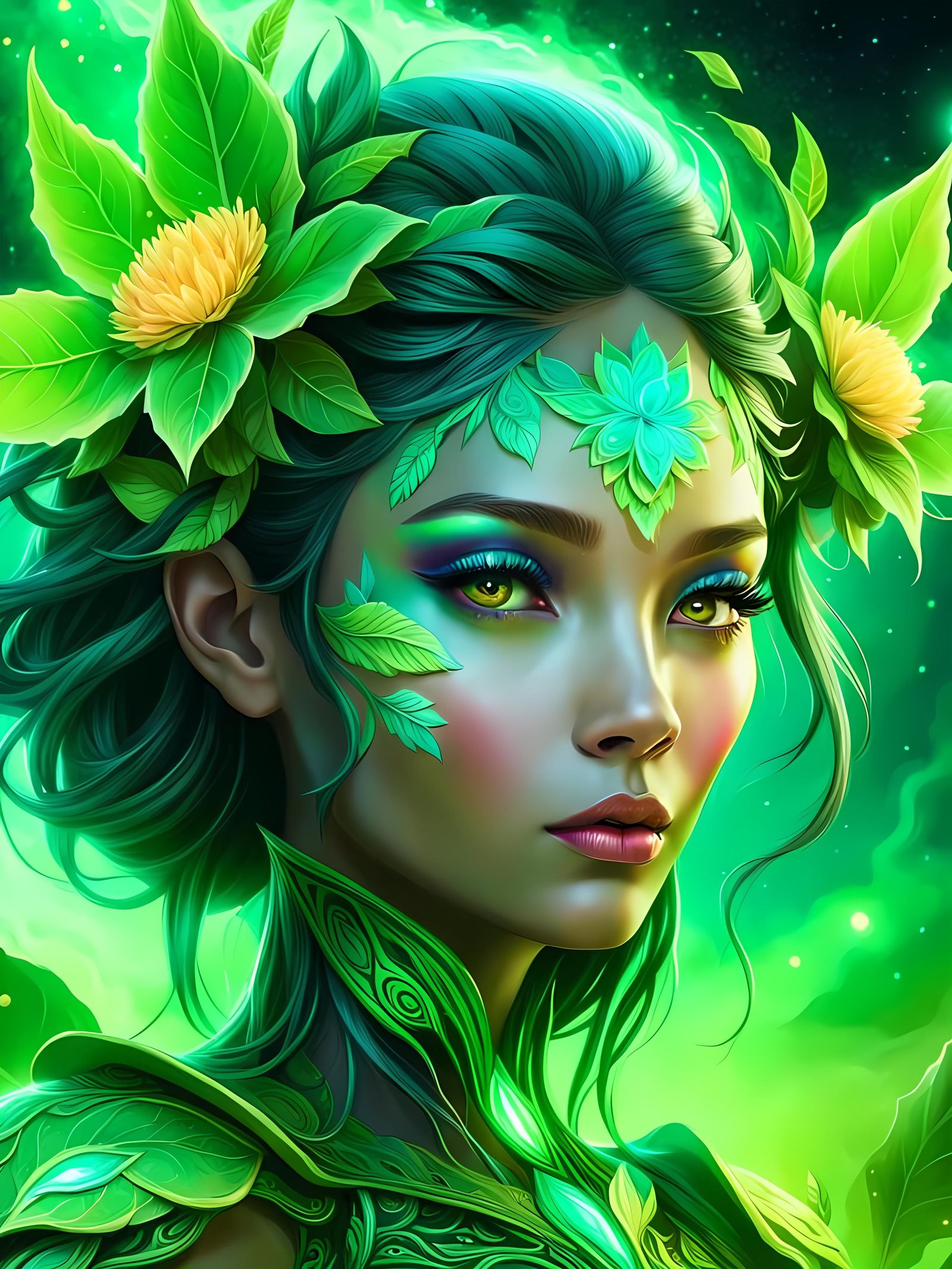 Mysterious Half-Leaf Creature Portrait in 3D Anime Art