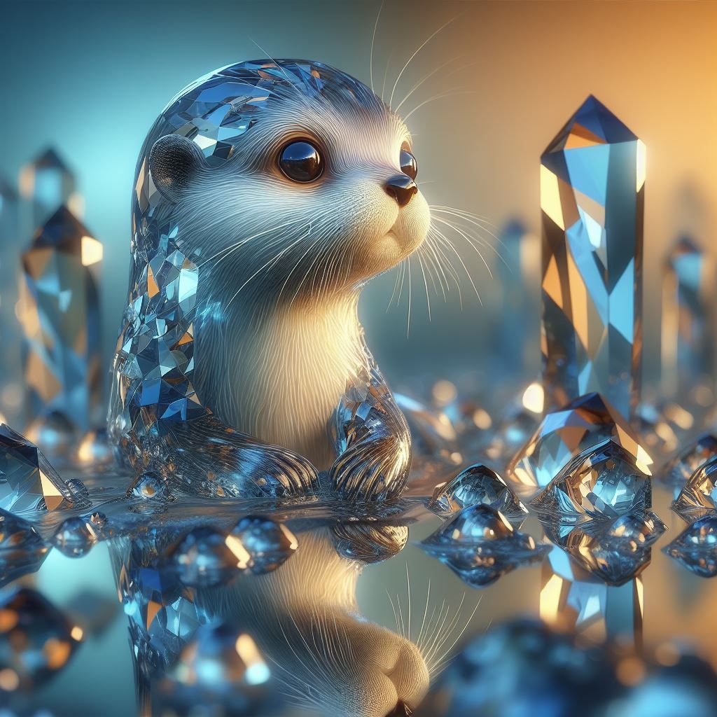 a close up of a glass figurine of a otter, digital art, by Jeanna bauck, reddit, crystal cubism, lots of diamonds uneart...