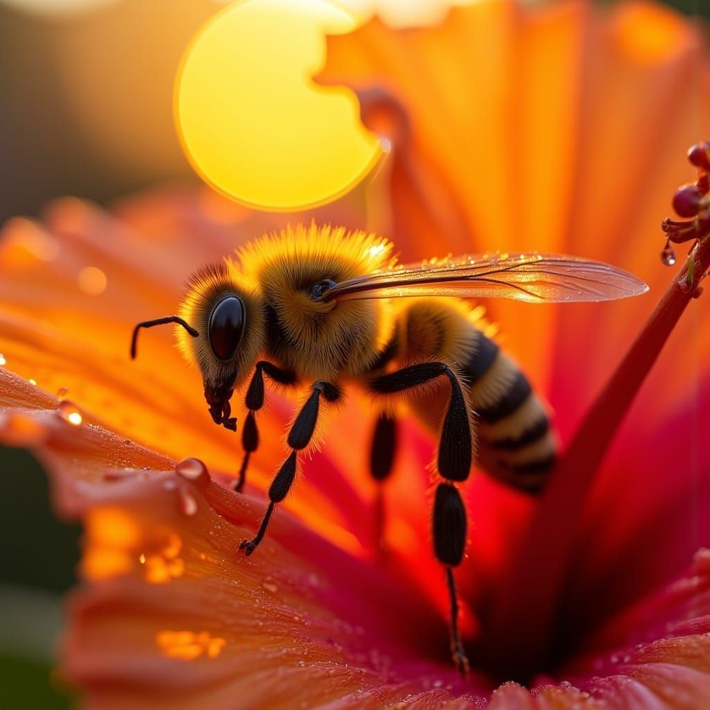 <lora:Double Photoreal v2:1.0> hyper realistic macro photograph of an extremely detailed honey bee resting on a hibiscus flower, sunrise, de...