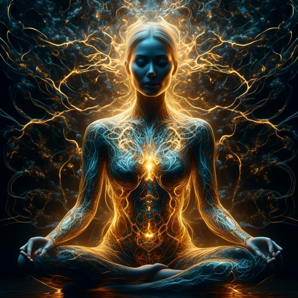 Woman in Lotus Position with Glowing Runes
