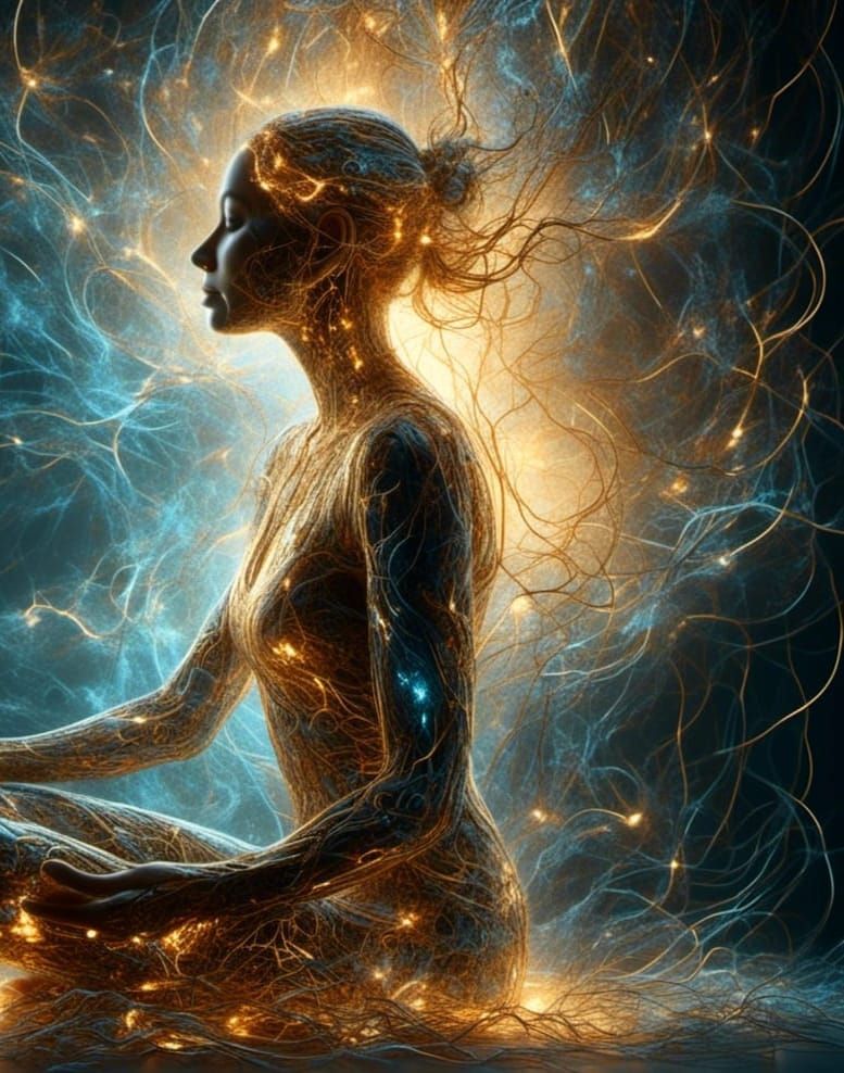 Woman in Lotus Position with Glowing Runes