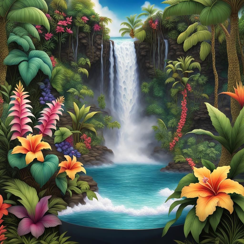 Tropical Magic 3D Popup: A vibrant tropical magical Hawaiian waterfall ...