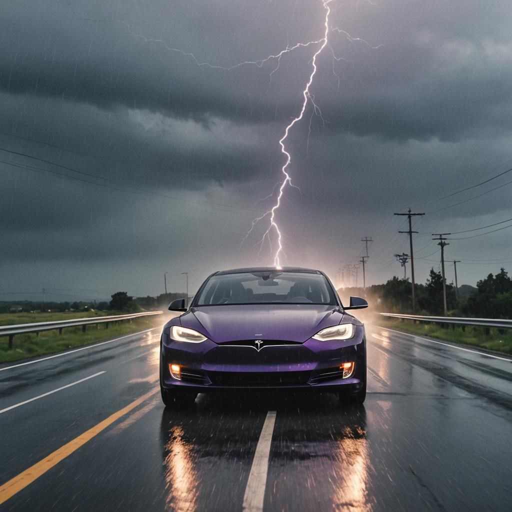Tesla Car Drives Through Stormy Highway