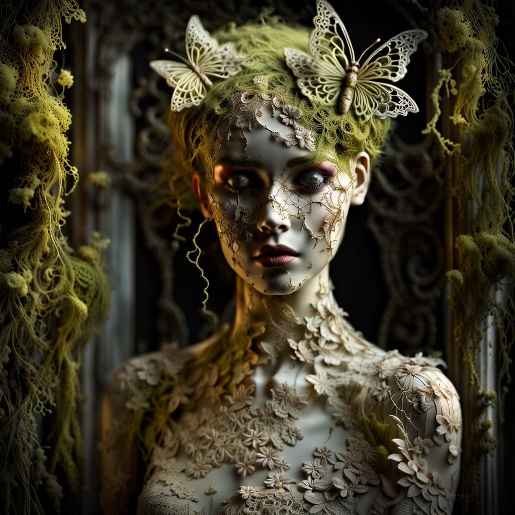 a rotting forgotten broken mannequin, covered in delicate filigree ...