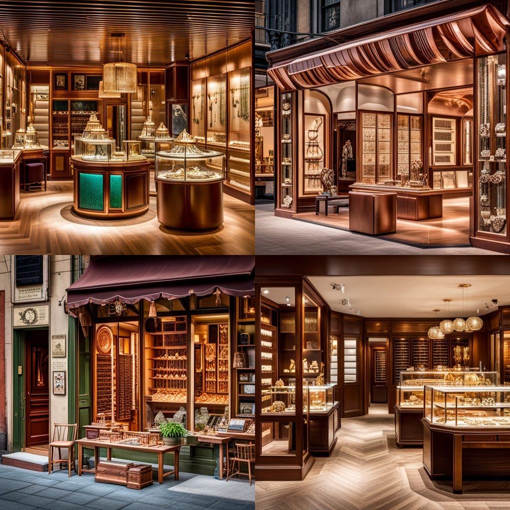 A copper jewelry store showcasing intricate copper adornments. AI