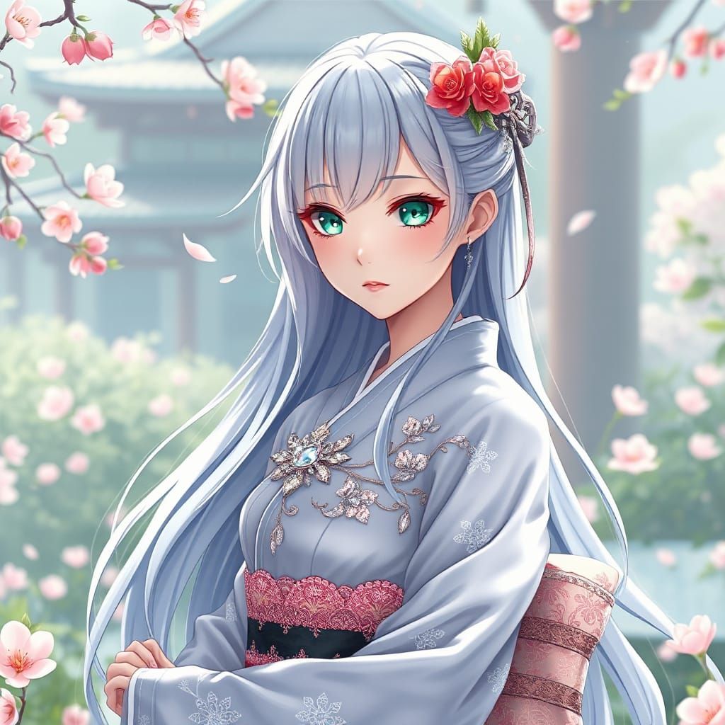 Elegant Anime Heroine Amidst Japanese Garden
