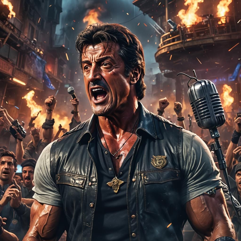 Sylvester Stallone singing at the microphone