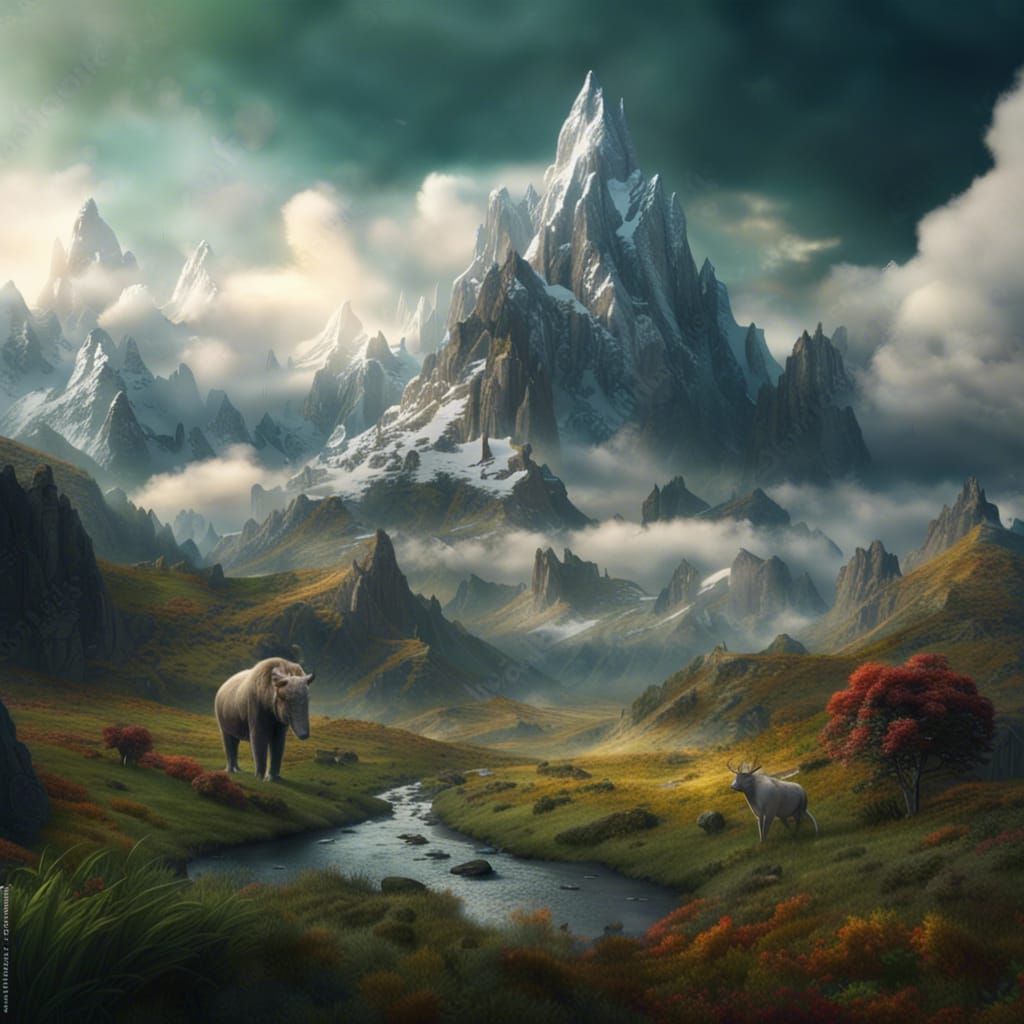 Mountainous landscapes, with clouds, animals, lush landscaped and snowy tops  by @Rylan Shepard