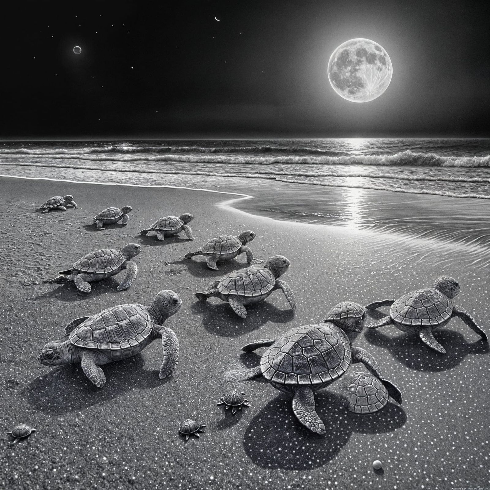 Moonlit Hatchlings: Sea Turtles' First Journey