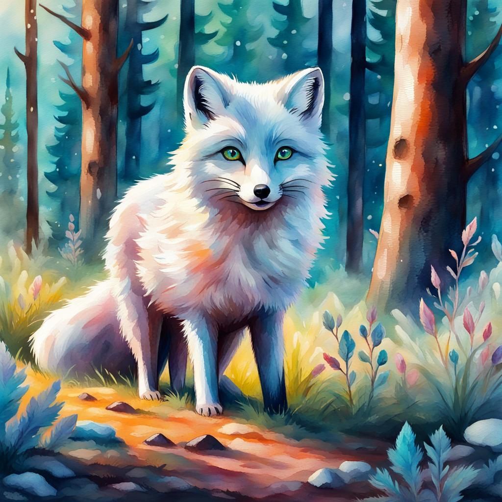 Cute magical fantasy arctic fox on a forest clearing glow beetles cool ...