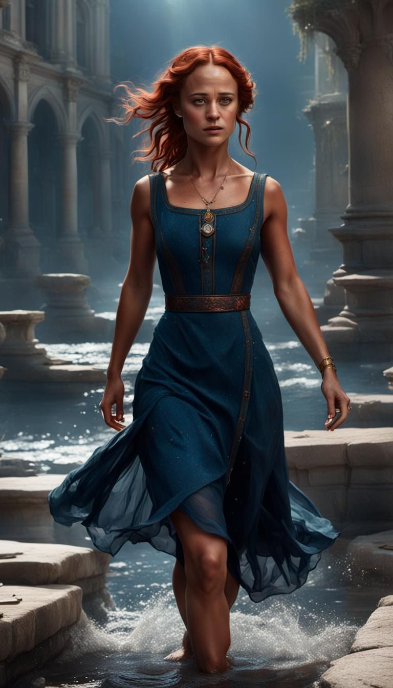 Full body alicia vikander with red hair She has freckles. She is wearing a  dark hot short blue dress fit for a princess. She has heavy breas... - AI  Generated Artwork -