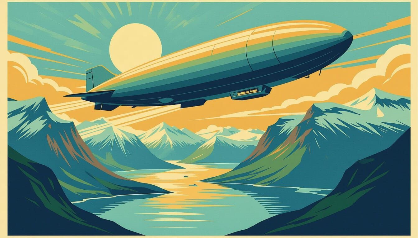  A vintage 1930s travel poster showcasing a Zeppelin Airship over breathing taking majestic Icelandic fjords. The style is art deco with bol...