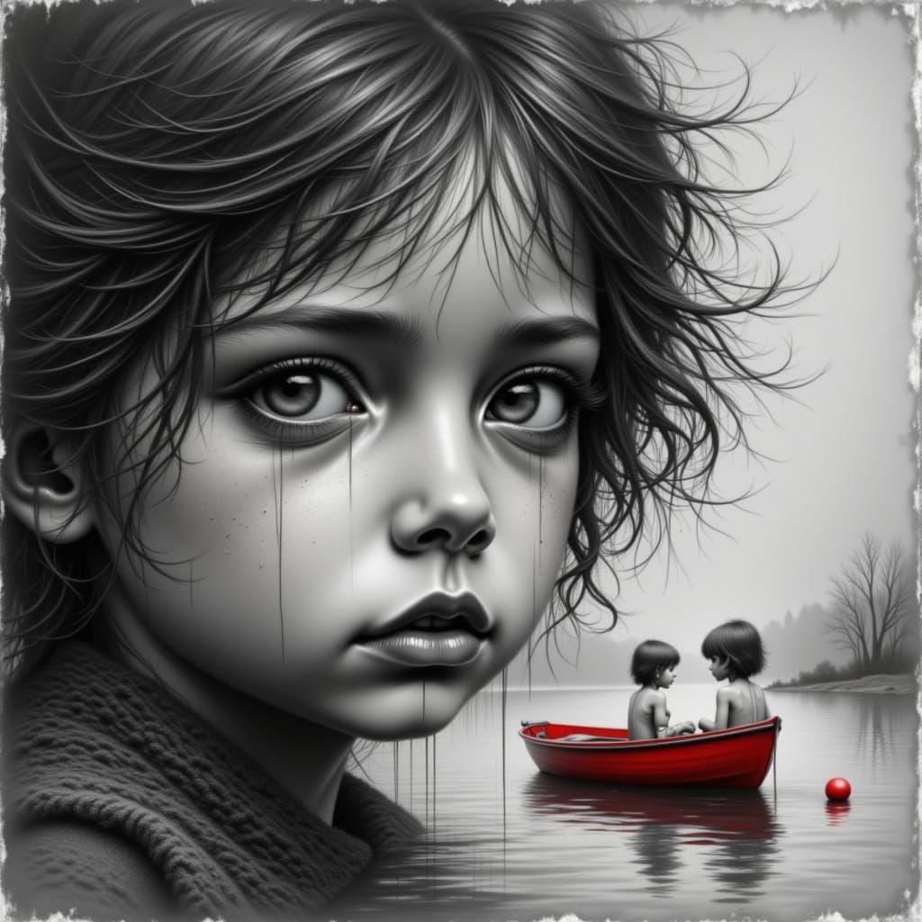 <lora:Ink Flow:1.0> Sad childhood