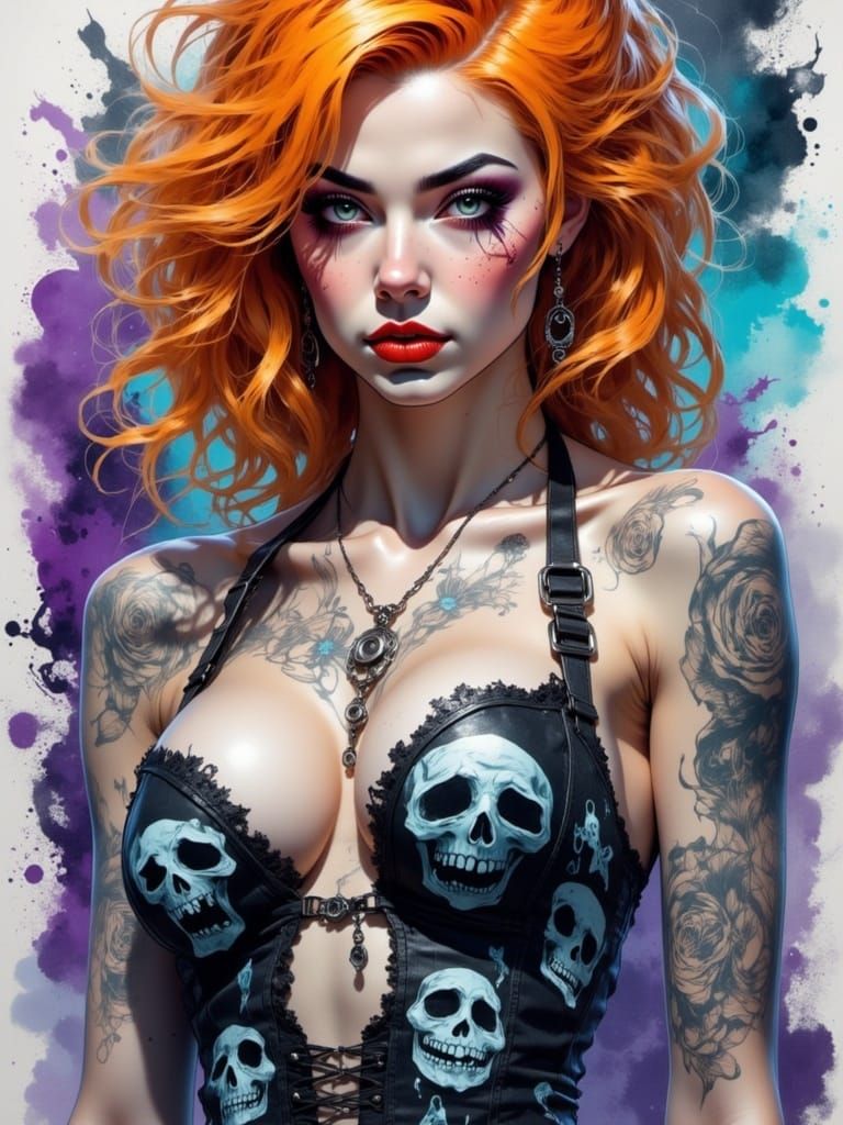 <lora:SpectraGlorious:1.0> waist up portrait Gorgeous pin up in attractive revealing form fitting sundress outfit with spooky ghost pattern ...