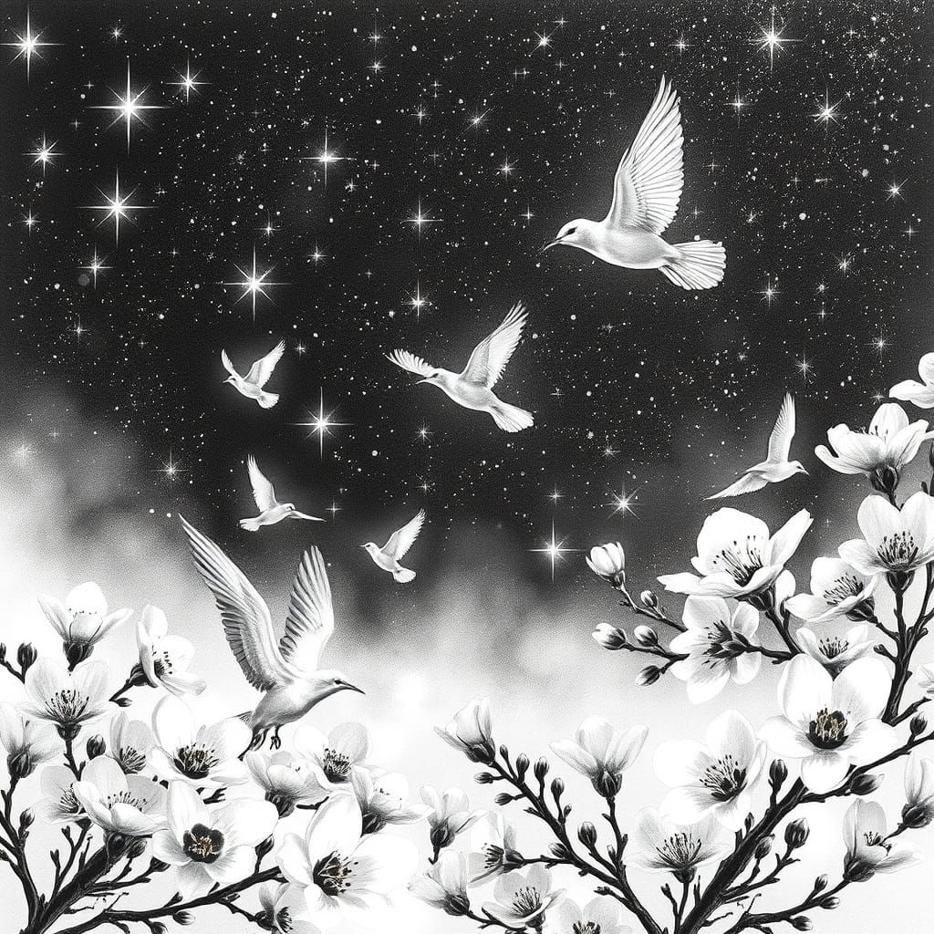 Celestial Dreamscape with Watchful Birds and Blooming Flower...