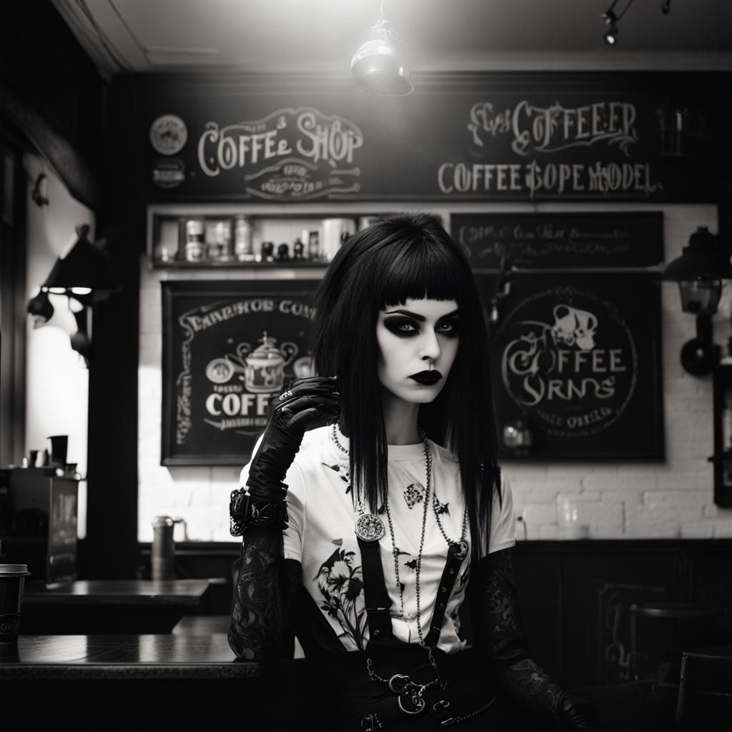 female goth fashion model. goth coffee shop.