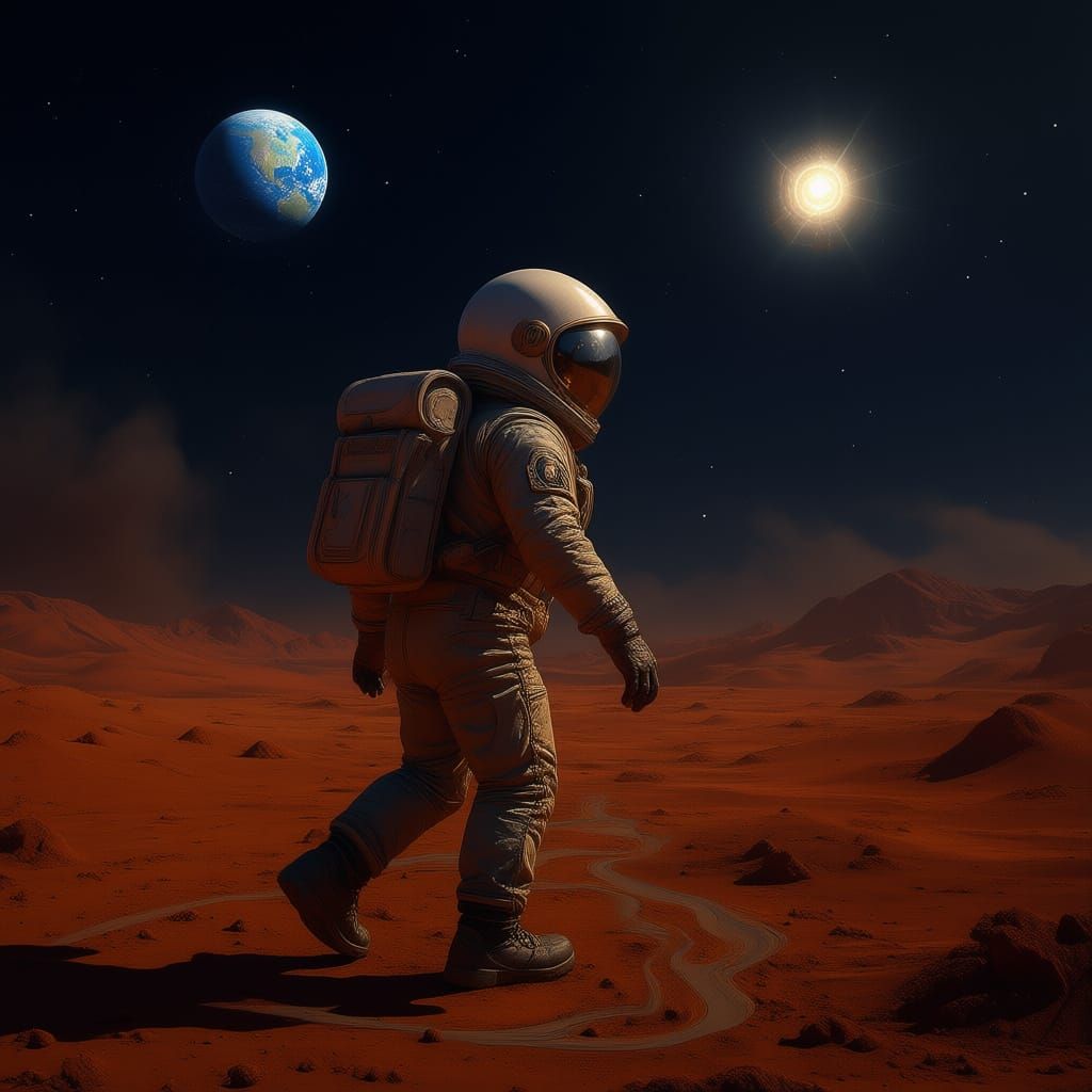 Astronaut Gazes at Earth from Mars Landscape