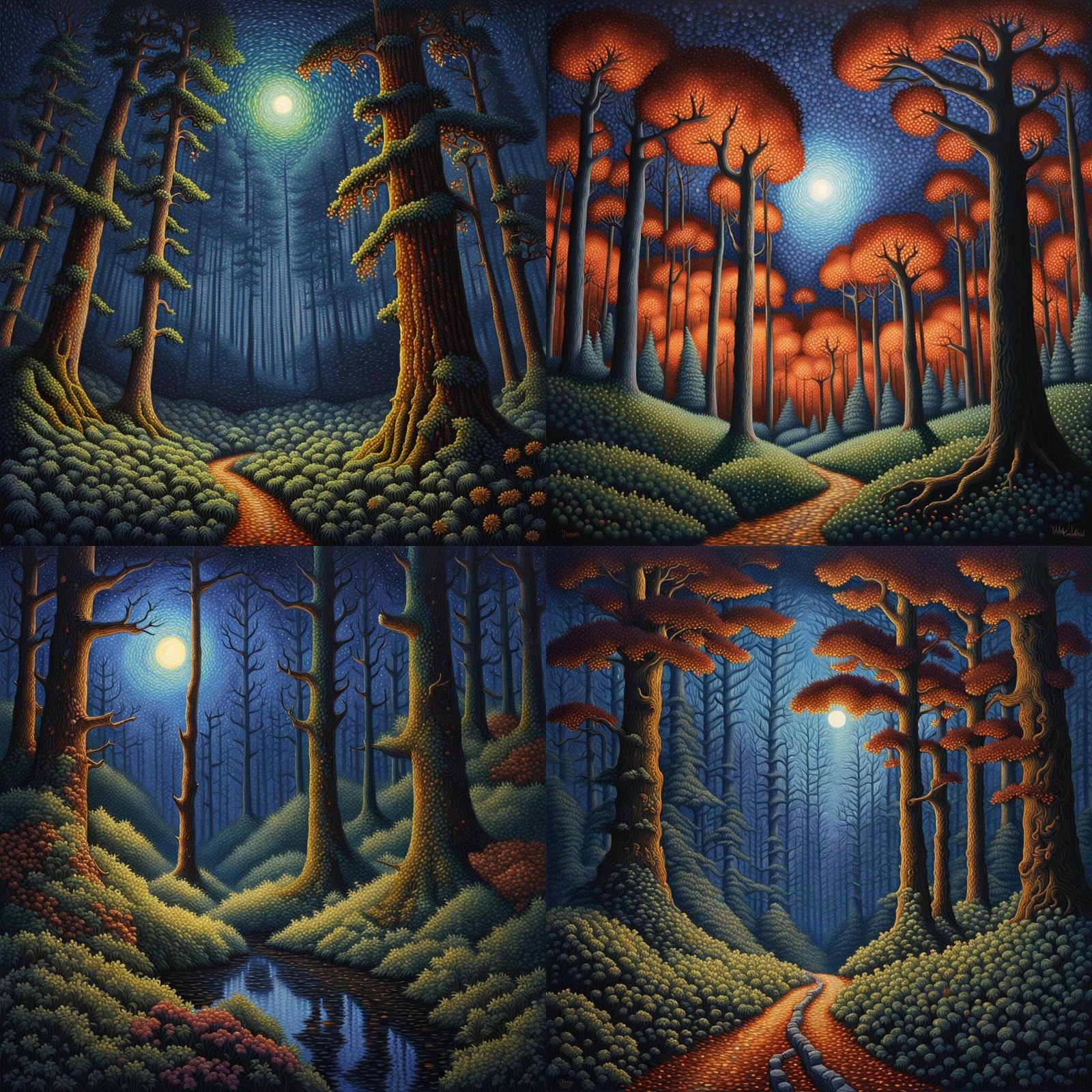 Pointillist Forest at Night in Hyperrealism Style
