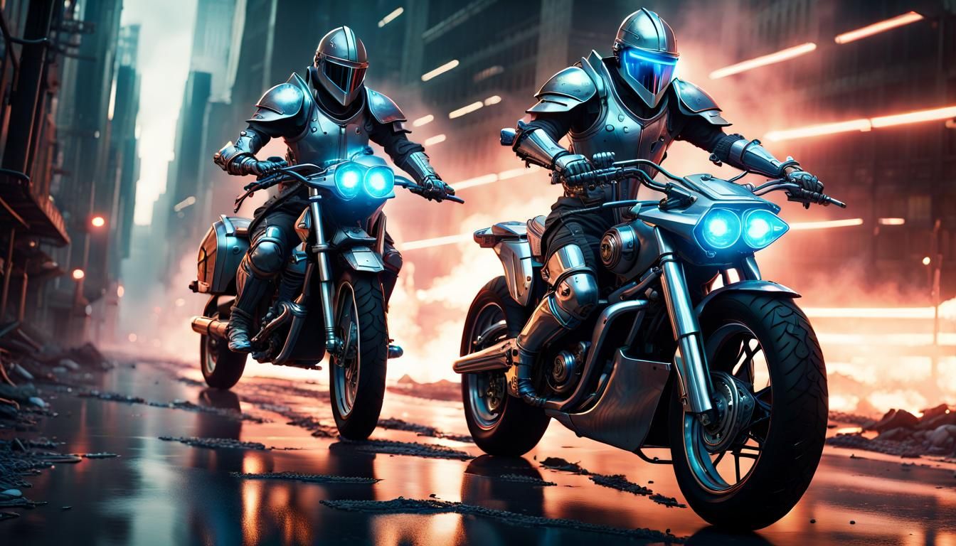 A medieval knights riding futuristic motorcyclesis a distopian world  by @Brad Campbell