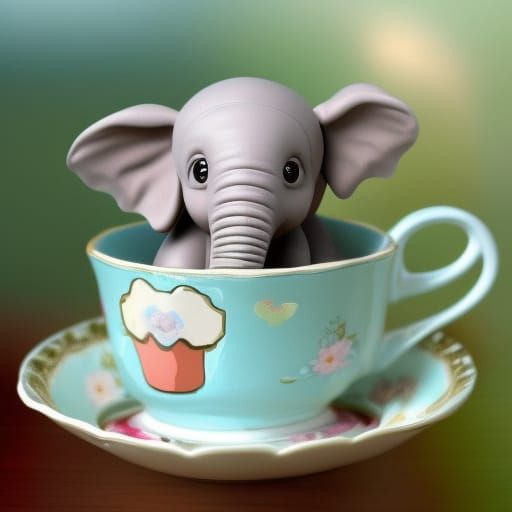 dumbo baby elephant in a teacup, cute, candy, sweet