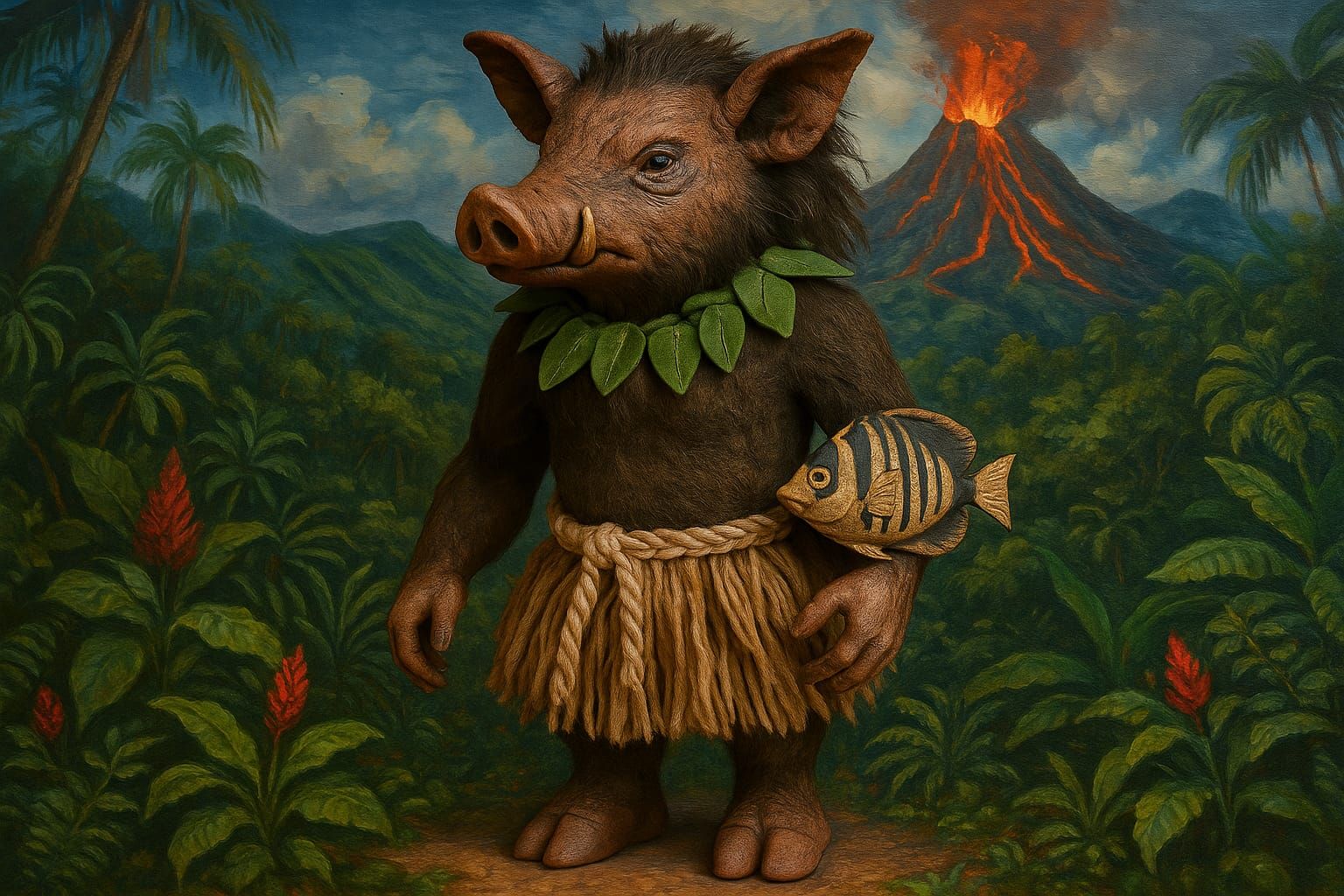 Mythological doll of the Hawaiian demi-god and wild boar tri...