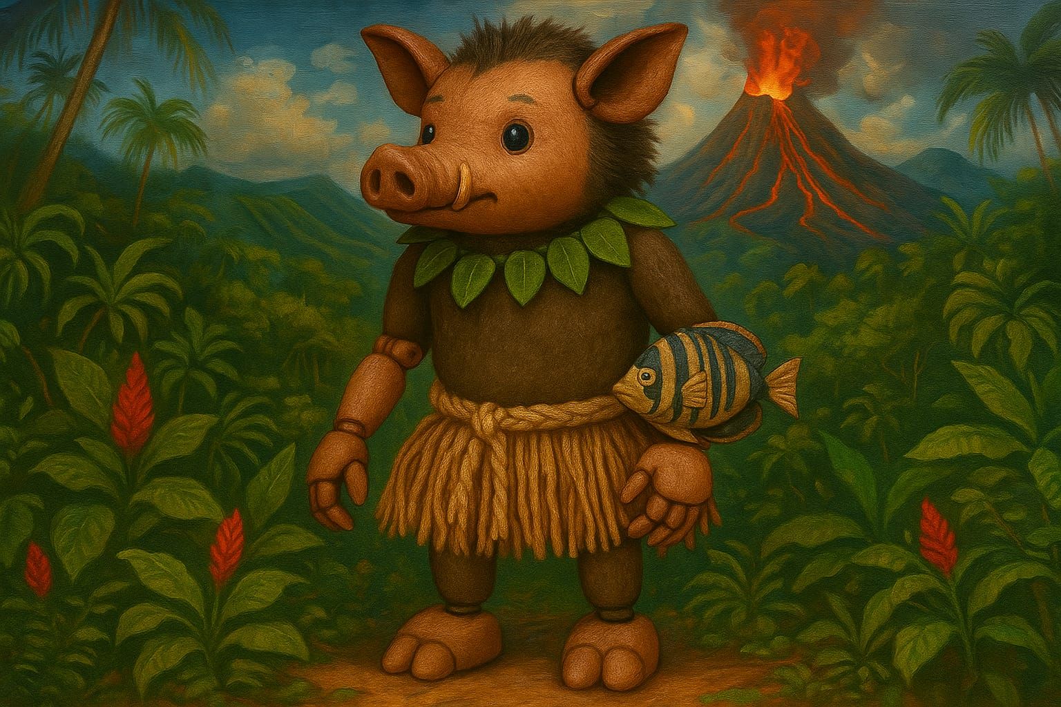 Mythological doll of the Hawaiian demi-god and wild boar trickster Kamapua'a, exhibited in a museum of anthropology