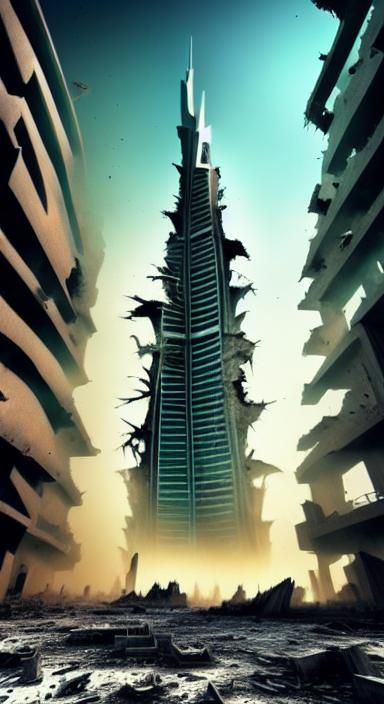 Ruins of Dubai Tower after alien attack with singularity weapons; quantum flux; frozen in time; urban decay;  <lora:StructuralbyChaonea:1.0>...