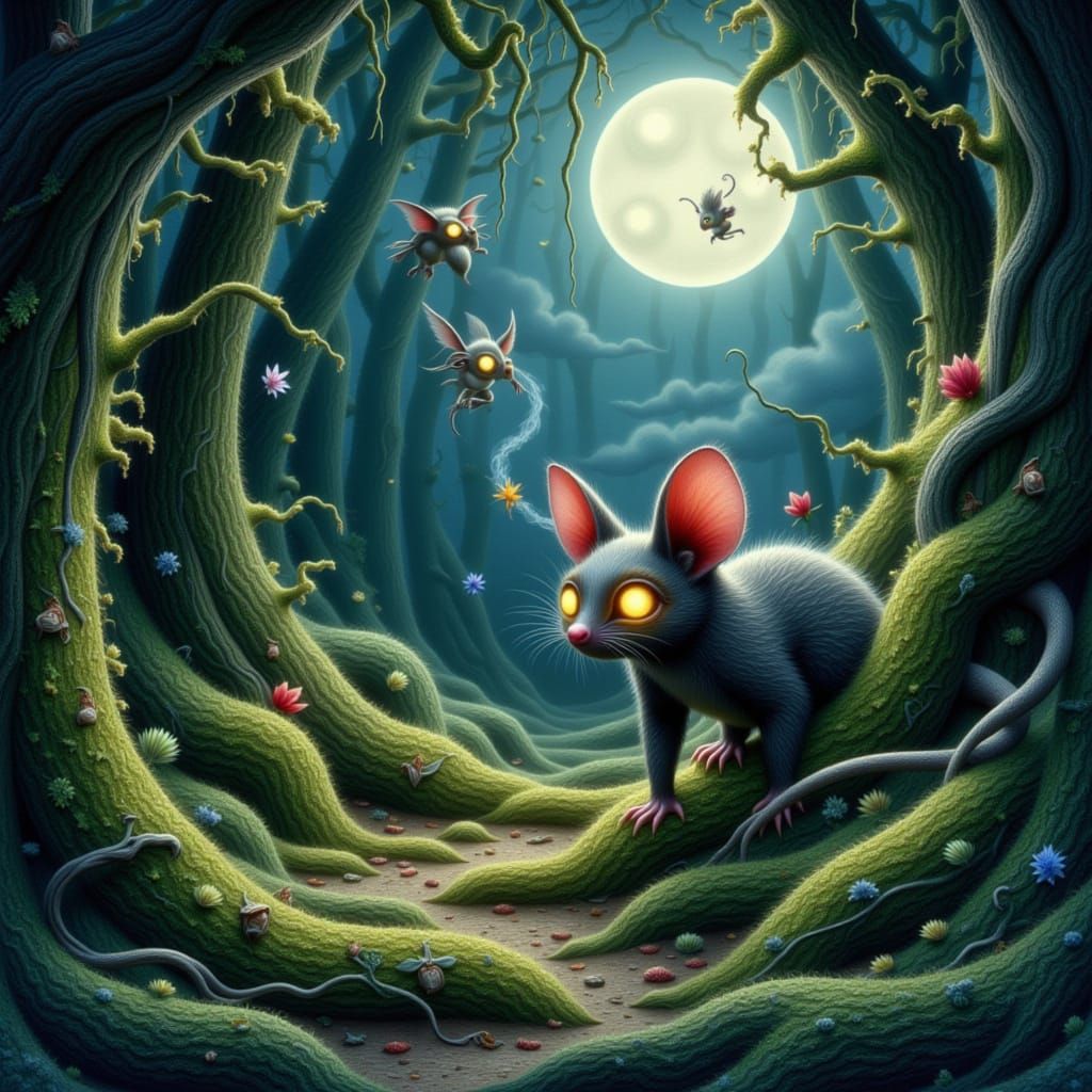 Oil painting. An ethereal, dreamlike forest clearing where a small, whimsical opossum with glowing eyes interacts with tiny, floating sprite...