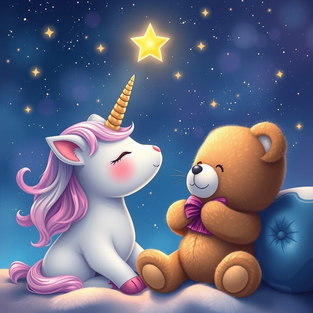 Cute unicorn cat and teddy bear catching the magic star in the sky sweet dreams fairy tales. Series: ...  by @esmirquinn