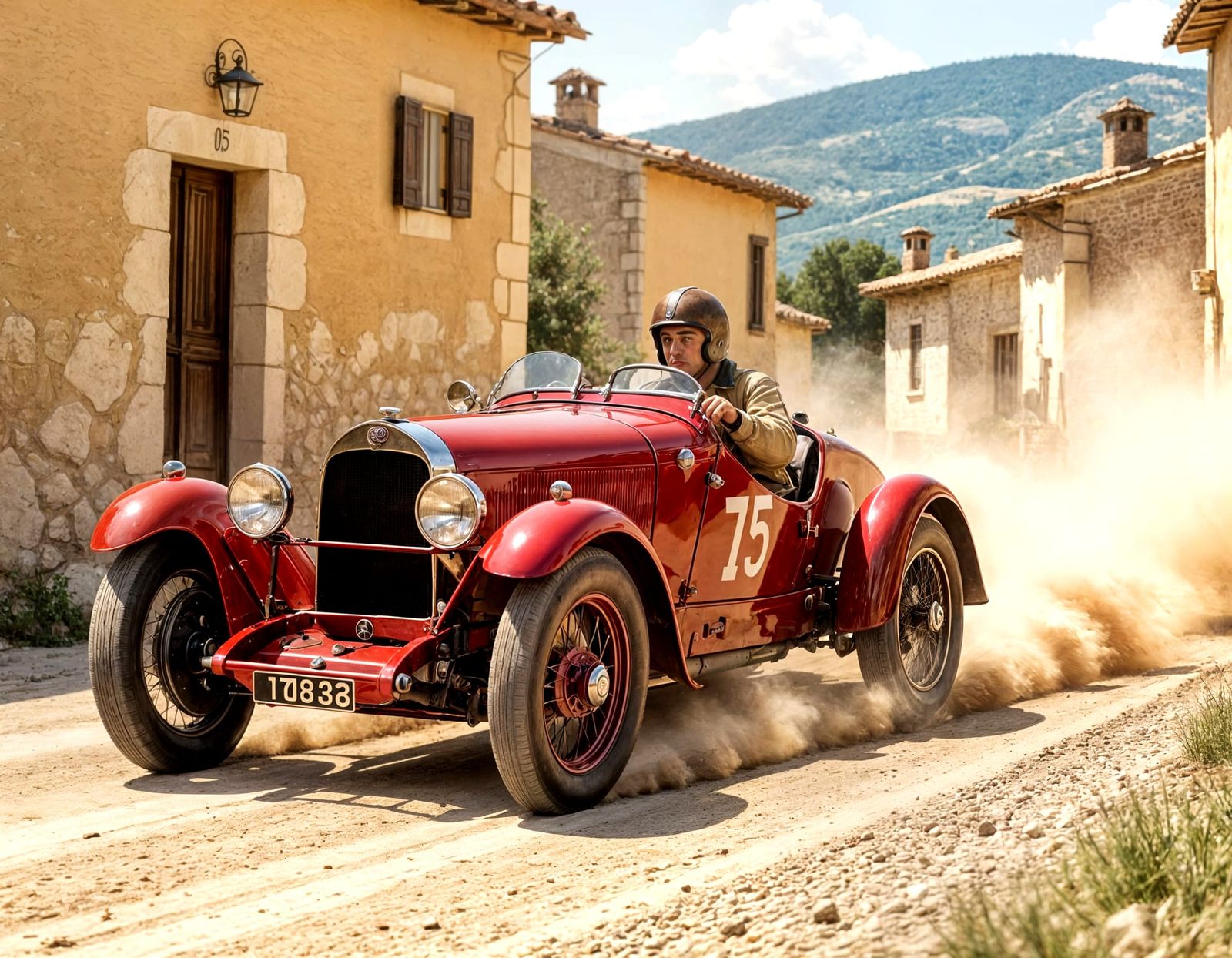 Dynamic 3/4 view image of a red vintage-style 1932 Alfa Romeo Tipo A racing car driven by Tazio Nuvolari ...  by @Francis H